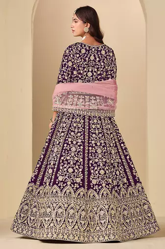 Purple embroidered sequence velvet anarkali suit