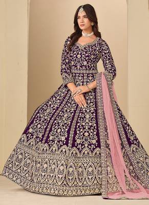 Purple embroidered sequence velvet anarkali suit 3