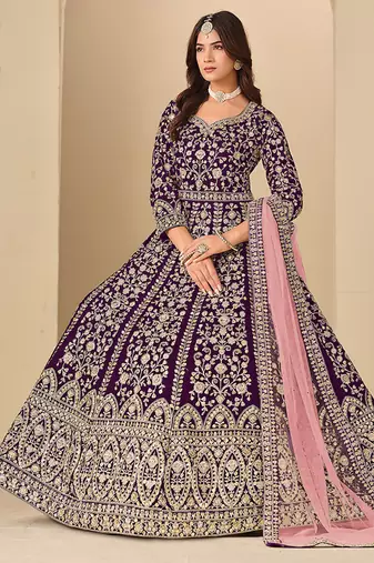 Purple embroidered sequence velvet anarkali suit