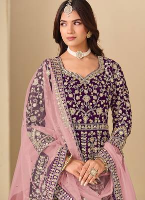 Purple embroidered sequence velvet anarkali suit 4