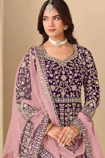 Purple embroidered sequence velvet anarkali suit