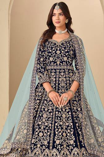 Navy blue embroidered sequence velvet anarkali suit
