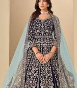 Navy blue embroidered sequence velvet anarkali suit