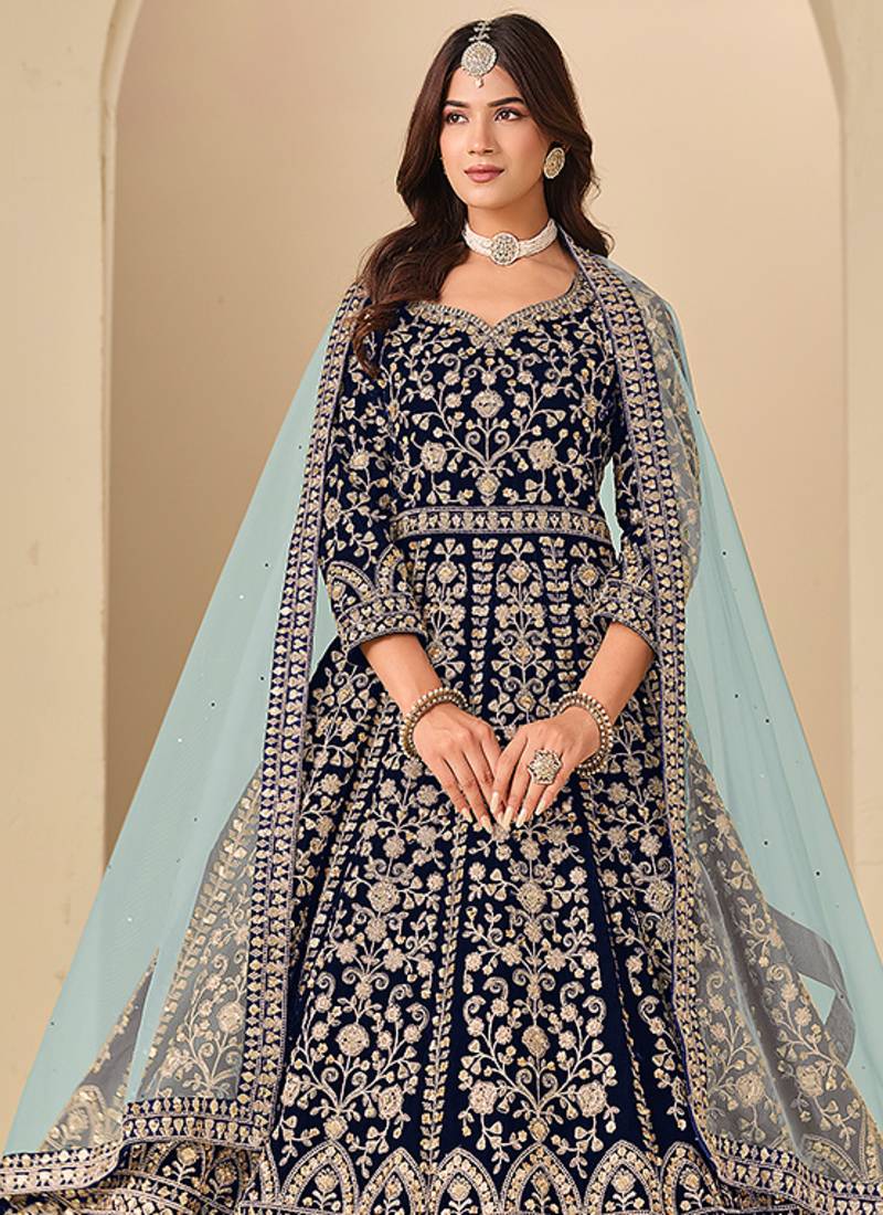 Navy blue embroidered sequence velvet anarkali suit