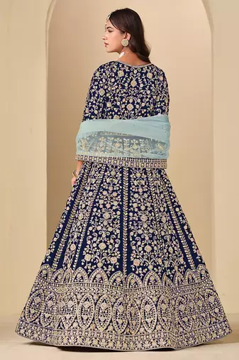 Navy blue embroidered sequence velvet anarkali suit