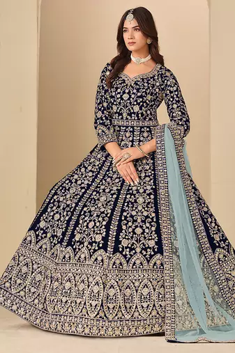 Navy blue embroidered sequence velvet anarkali suit