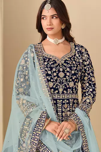 Navy blue embroidered sequence velvet anarkali suit