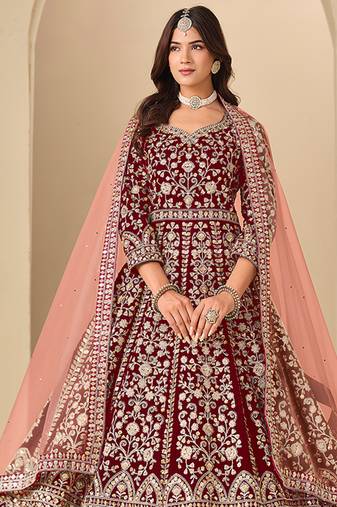Maroon embroidered sequence velvet anarkali suit