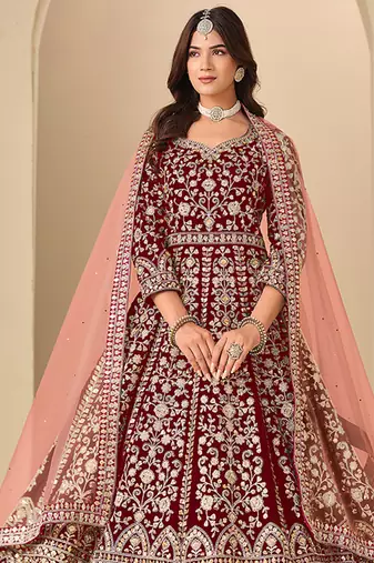 Maroon embroidered sequence velvet anarkali suit
