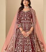 Maroon embroidered sequence velvet anarkali suit