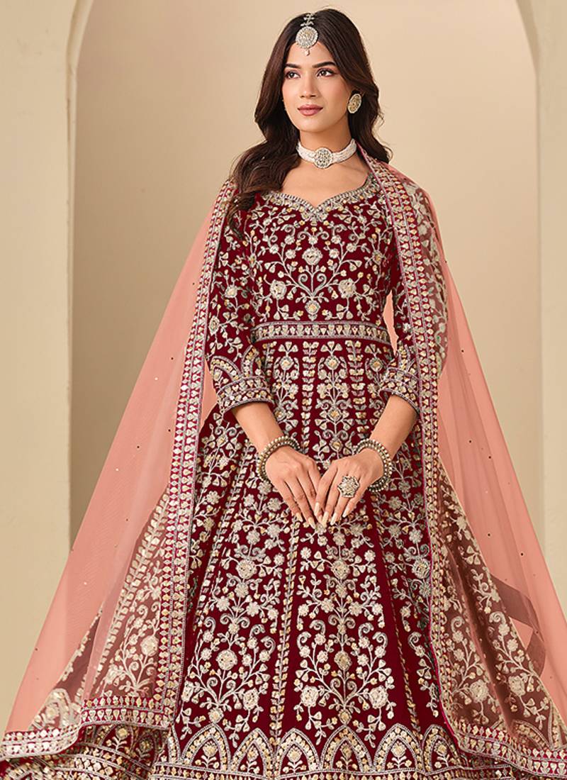 Maroon embroidered sequence velvet anarkali suit