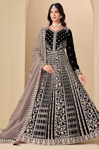 Black embroidered sequence velvet anarkali suit
