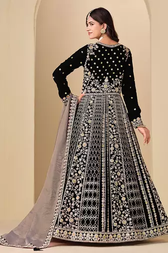 Black embroidered sequence velvet anarkali suit