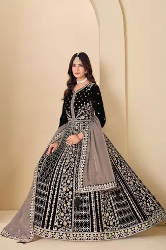 Black embroidered sequence velvet anarkali suit