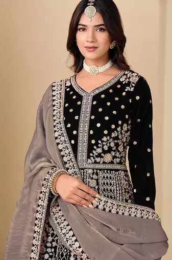Black embroidered sequence velvet anarkali suit