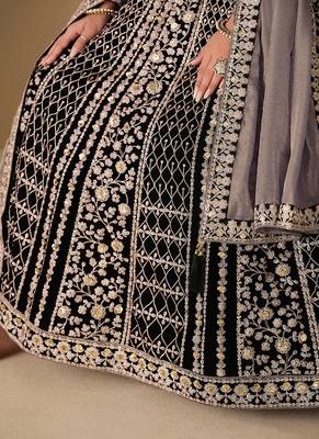 Black embroidered sequence velvet anarkali suit 5