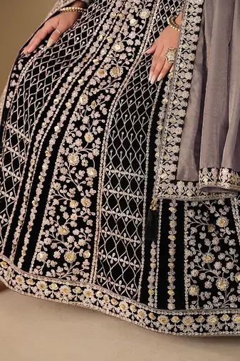 Black embroidered sequence velvet anarkali suit