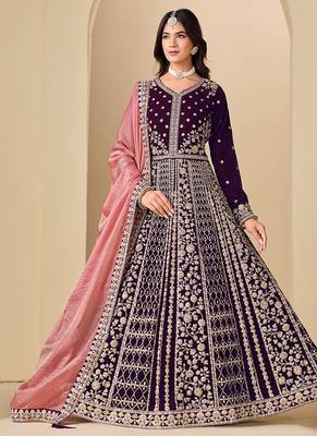 Purple embroidered sequence velvet anarkali suit 1
