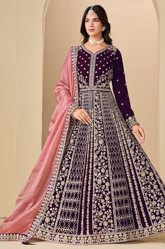 Purple embroidered sequence velvet anarkali suit