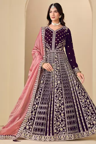 Purple embroidered sequence velvet anarkali suit
