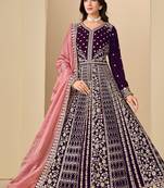 Purple embroidered sequence velvet anarkali suit