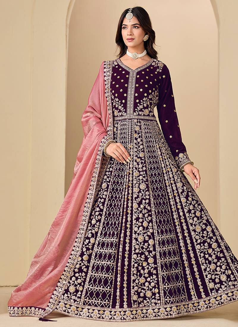 Purple embroidered sequence velvet anarkali suit