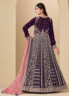 Purple embroidered sequence velvet anarkali suit 2