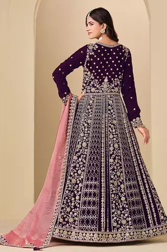 Purple embroidered sequence velvet anarkali suit