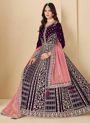 Purple embroidered sequence velvet anarkali suit 3