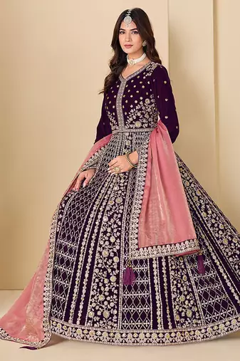 Purple embroidered sequence velvet anarkali suit
