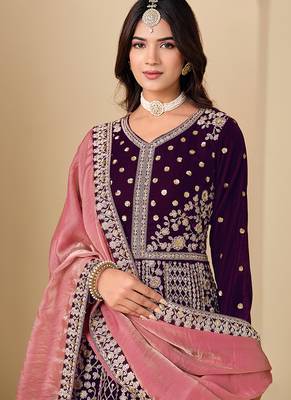 Purple embroidered sequence velvet anarkali suit 4