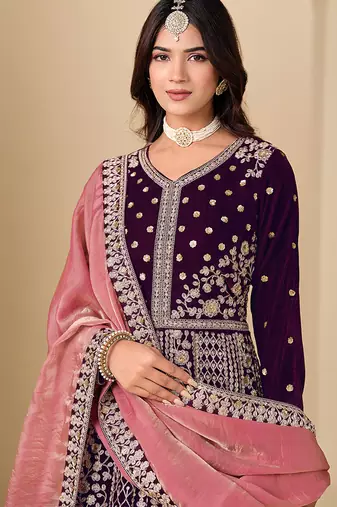 Purple embroidered sequence velvet anarkali suit