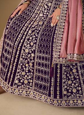 Purple embroidered sequence velvet anarkali suit 5
