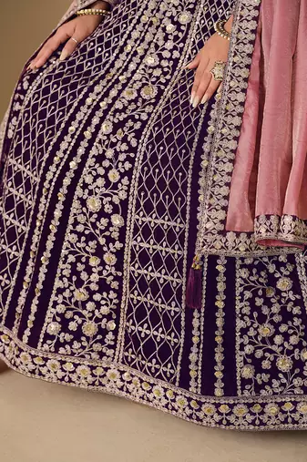 Purple embroidered sequence velvet anarkali suit
