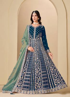 Teal blue embroidered sequence velvet anarkali suit 1