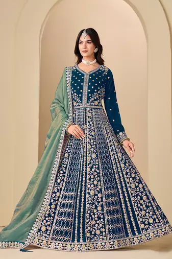 Teal blue embroidered sequence velvet anarkali suit