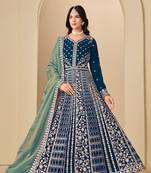 Teal blue embroidered sequence velvet anarkali suit