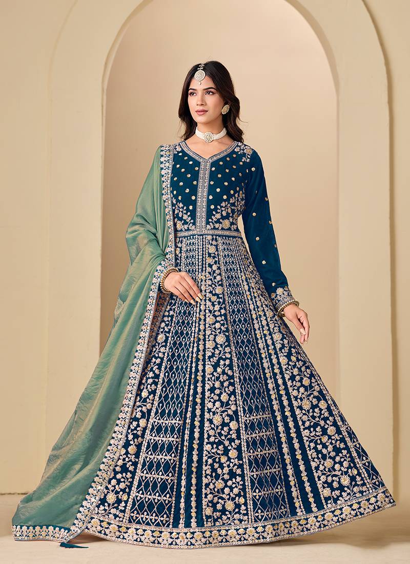 Teal blue embroidered sequence velvet anarkali suit