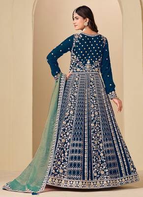 Teal blue embroidered sequence velvet anarkali suit 2