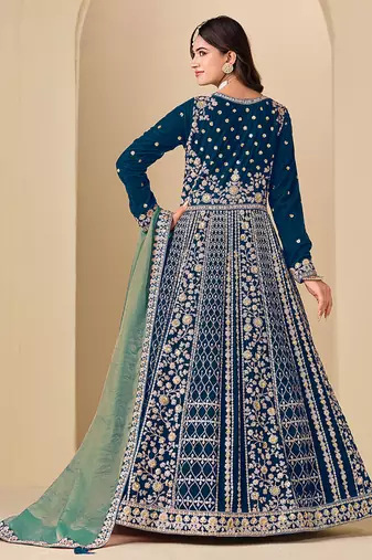 Teal blue embroidered sequence velvet anarkali suit
