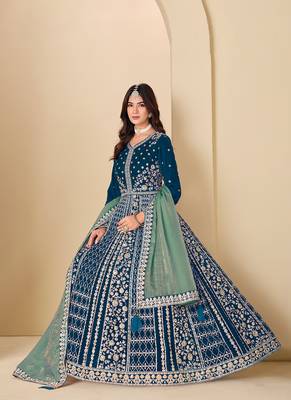 Teal blue embroidered sequence velvet anarkali suit 3