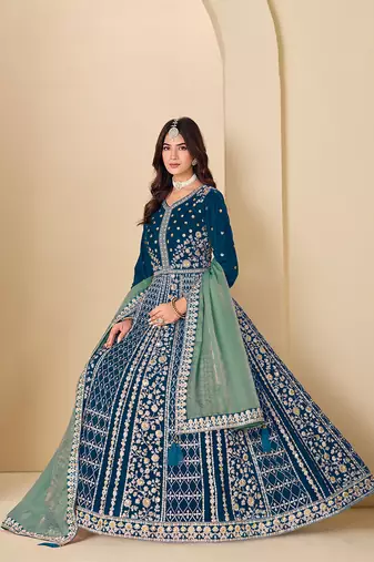 Teal blue embroidered sequence velvet anarkali suit