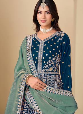 Teal blue embroidered sequence velvet anarkali suit 4