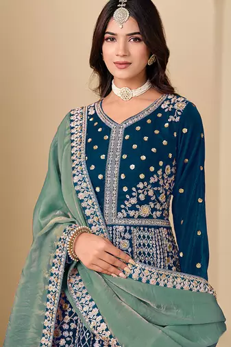 Teal blue embroidered sequence velvet anarkali suit