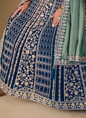 Teal blue embroidered sequence velvet anarkali suit 5
