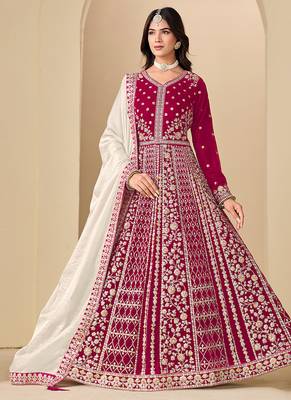Pink embroidered sequence velvet anarkali suit 1