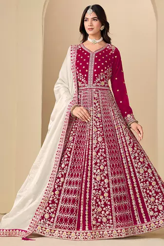 Pink embroidered sequence velvet anarkali suit