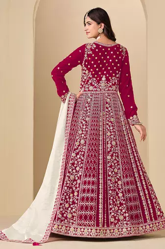 Pink embroidered sequence velvet anarkali suit