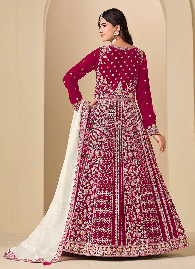 Pink embroidered sequence velvet anarkali suit