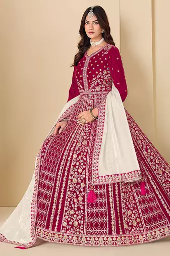 Pink embroidered sequence velvet anarkali suit